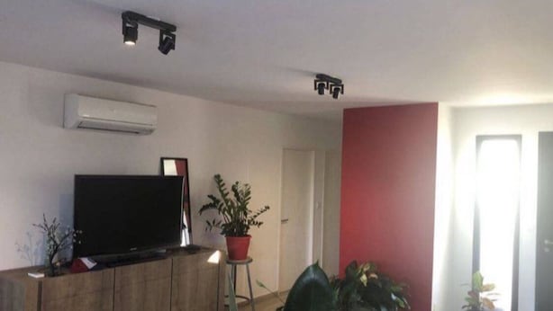 A living room with a flat-screen TV on a wooden stand, a potted plant, and a red accent wall.