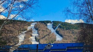 Un hôtel avec un toit bleu, une piste de ski en arrière-plan et de la neige au sol.