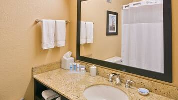 Hair dryer, towels, soap, toilet paper