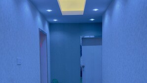 Un couloir étroit avec un tapis vert, des murs blancs et un éclairage encastré.