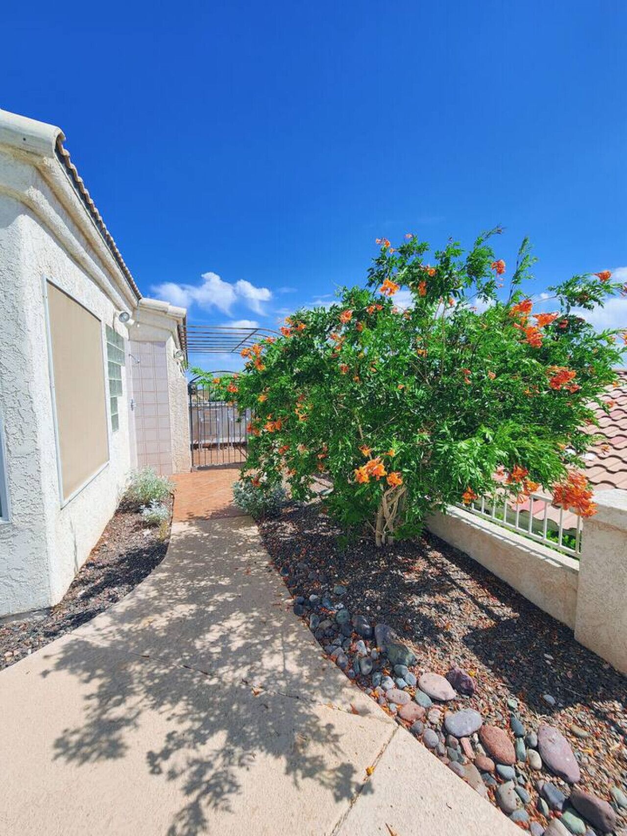 A residential area with a pathway leading to a house with a white exterior and a small garden with orange flowers.