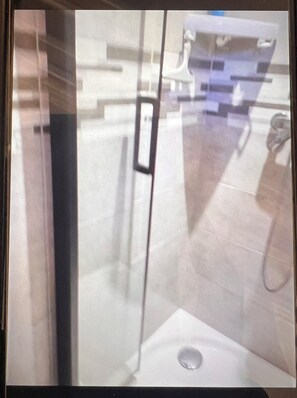 Shower, hair dryer, towels, toilet paper