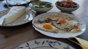 Ett frukostbord med tallrikar fyllda med mat, inklusive ägg, ost och grönsaker, i ett rum med utsikt över omgivningen.