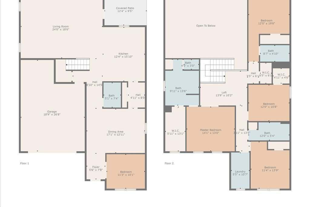Grundriss eines zweistöckigen Hauses mit überdachter Terrasse, Wohnzimmer, Küche, Essbereich, Garage und mehreren Schlafzimmern.