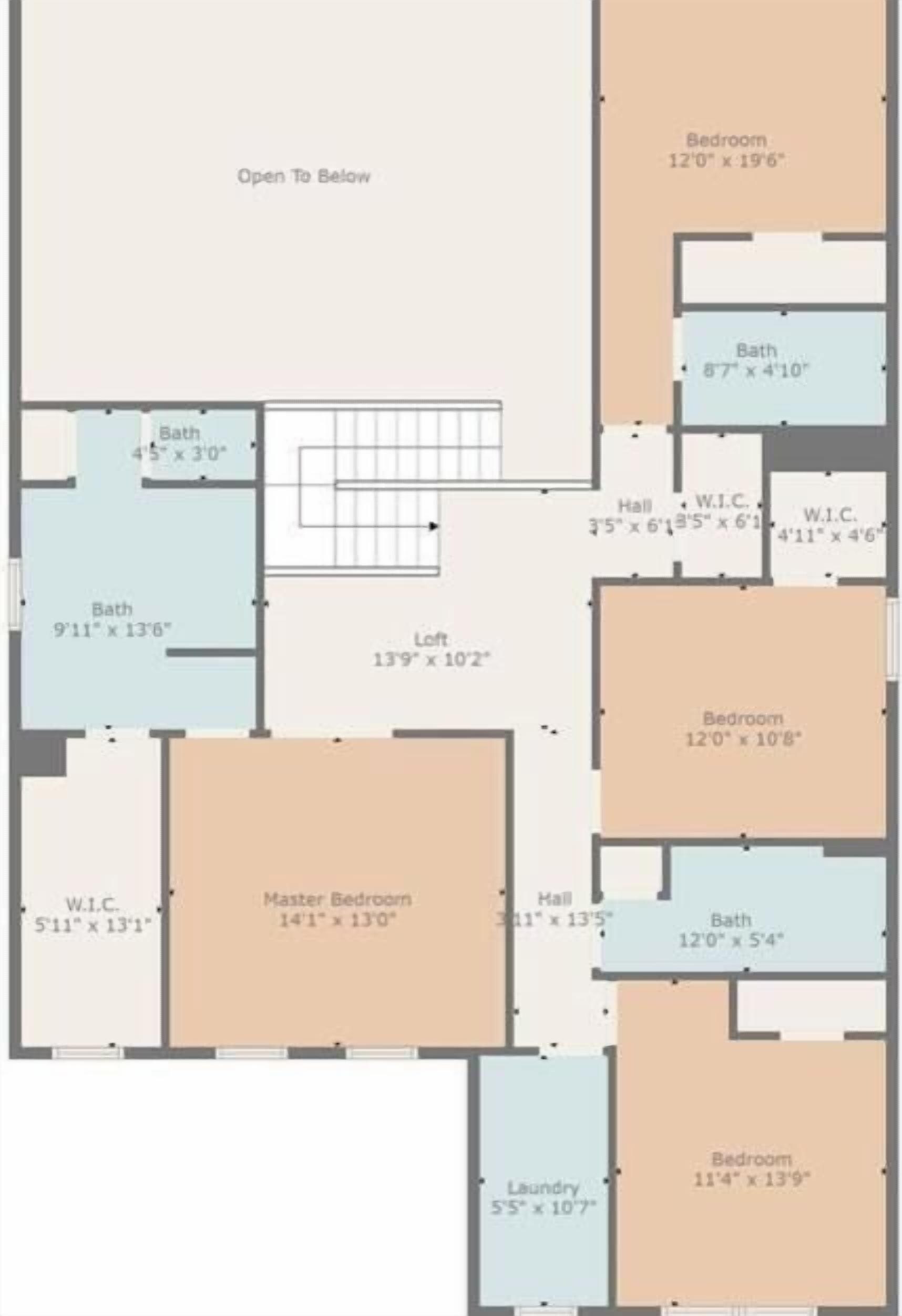 A floor plan with multiple bedrooms, two bathrooms, a master bedroom, a loft, a laundry room, and a hall.