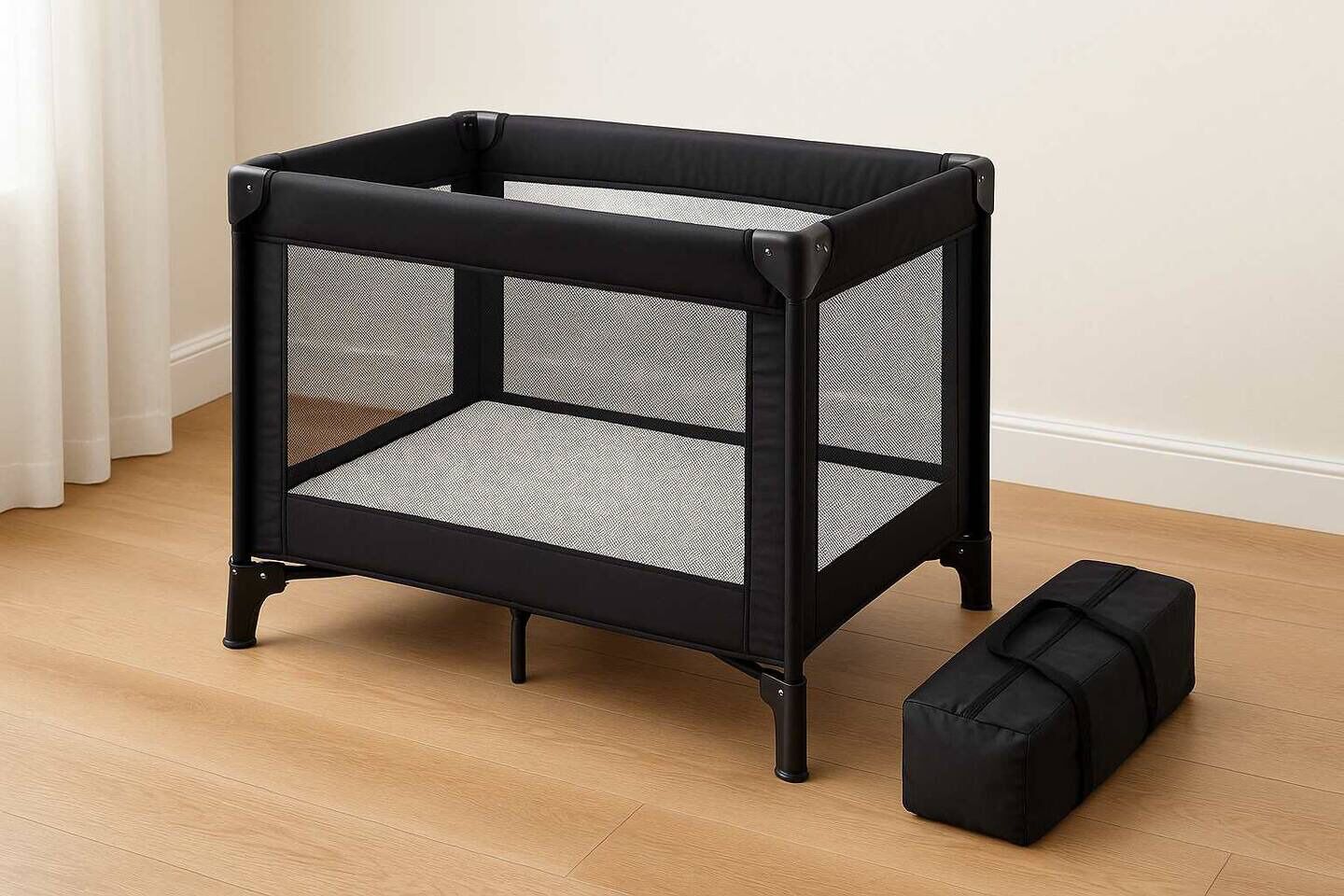 Un berceau en métal noir avec un motif en treillis, un banc de rangement assorti et un plancher en bois.