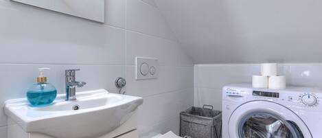 Washing Machine, Plumbing Fixture, Flooring, Floor, Interior Design, Bathroom, Sink, Tap, Clothes Dryer, Plumbing