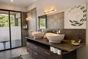 Shower, hair dryer, towels