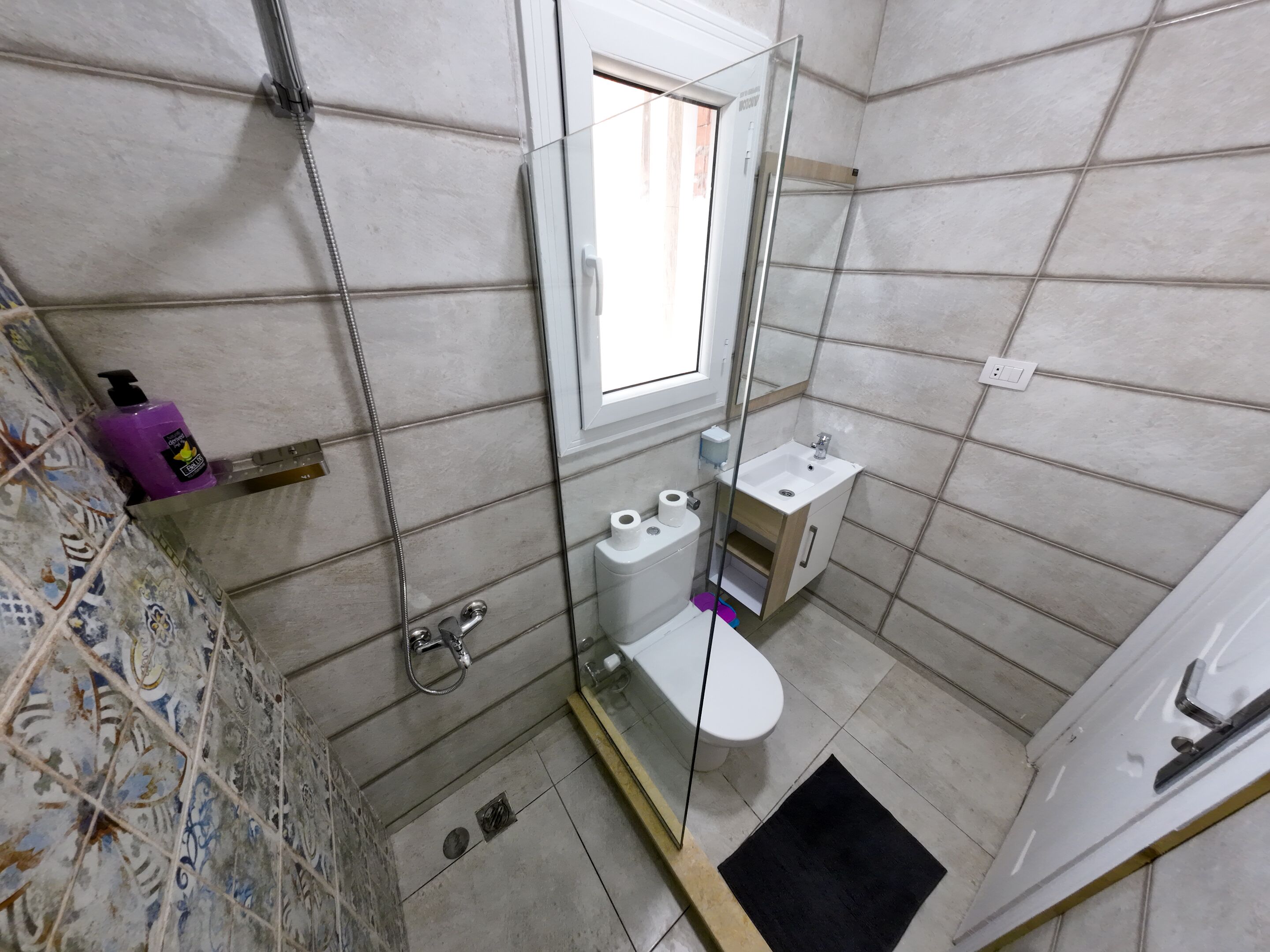 Une salle de bain équipée de toilettes, d’un lavabo et d’une douche.