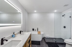 Hair dryer, towels, soap, toilet paper