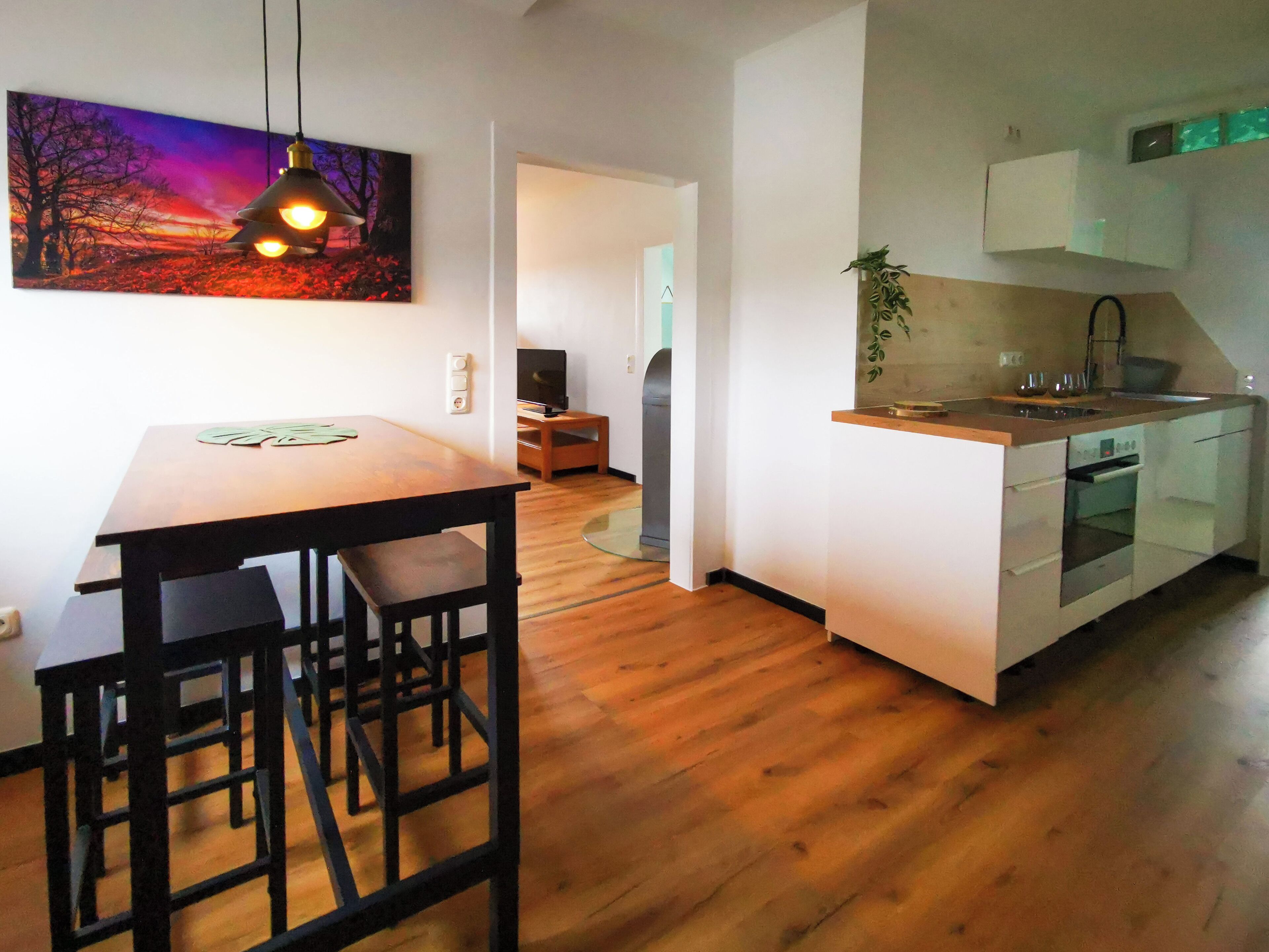 Una cucina moderna con piano di lavoro in legno e forno integrato, un'area pranzo con tavolo e sedie in legno, e un quadro raffigurante un tramonto sulla parete.