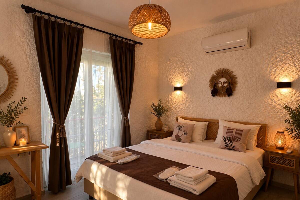 A bedroom with a bed, curtains, a wall-mounted air conditioner, and decorative wall sconces.