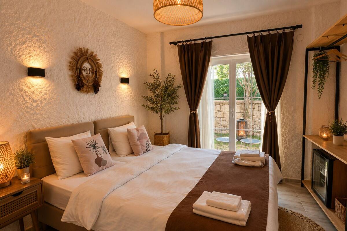 A bedroom with a bed, bedside tables, a fireplace, and a view of the outdoors.