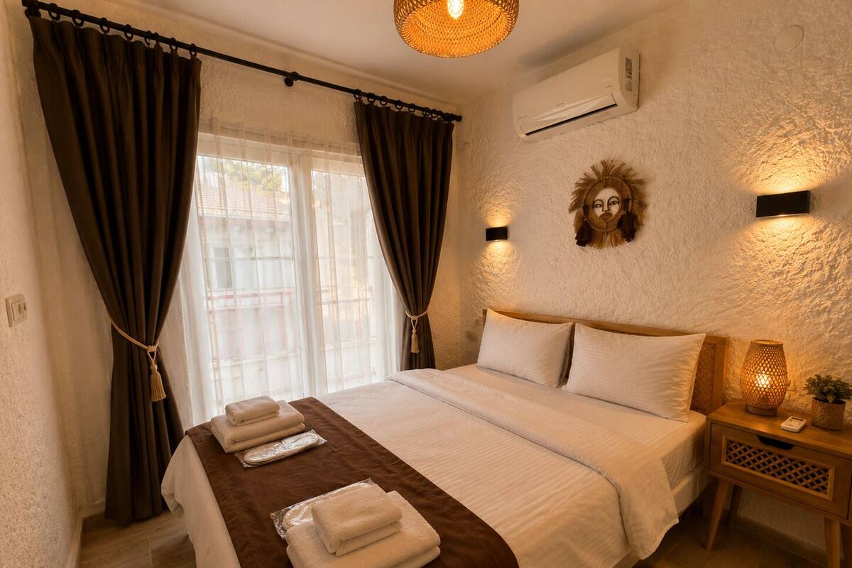 A bedroom with a bed, curtains, a wall-mounted air conditioner, a nightstand with a lamp, and a decorative wall piece.
