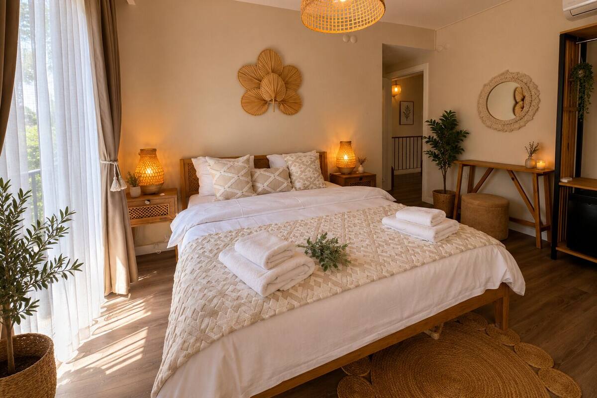 A bedroom with a large bed, bedside lamps, a wall-mounted light fixture, a small table with a plant, and a mirror.