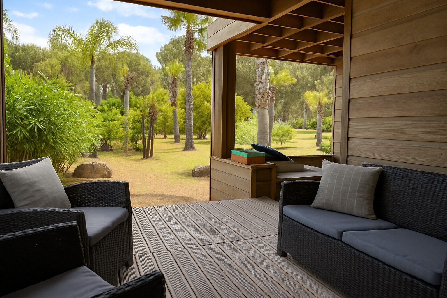 Un espace extérieur moderne, aménagé avec des meubles en osier et offrant une vue sur un jardin luxuriant.