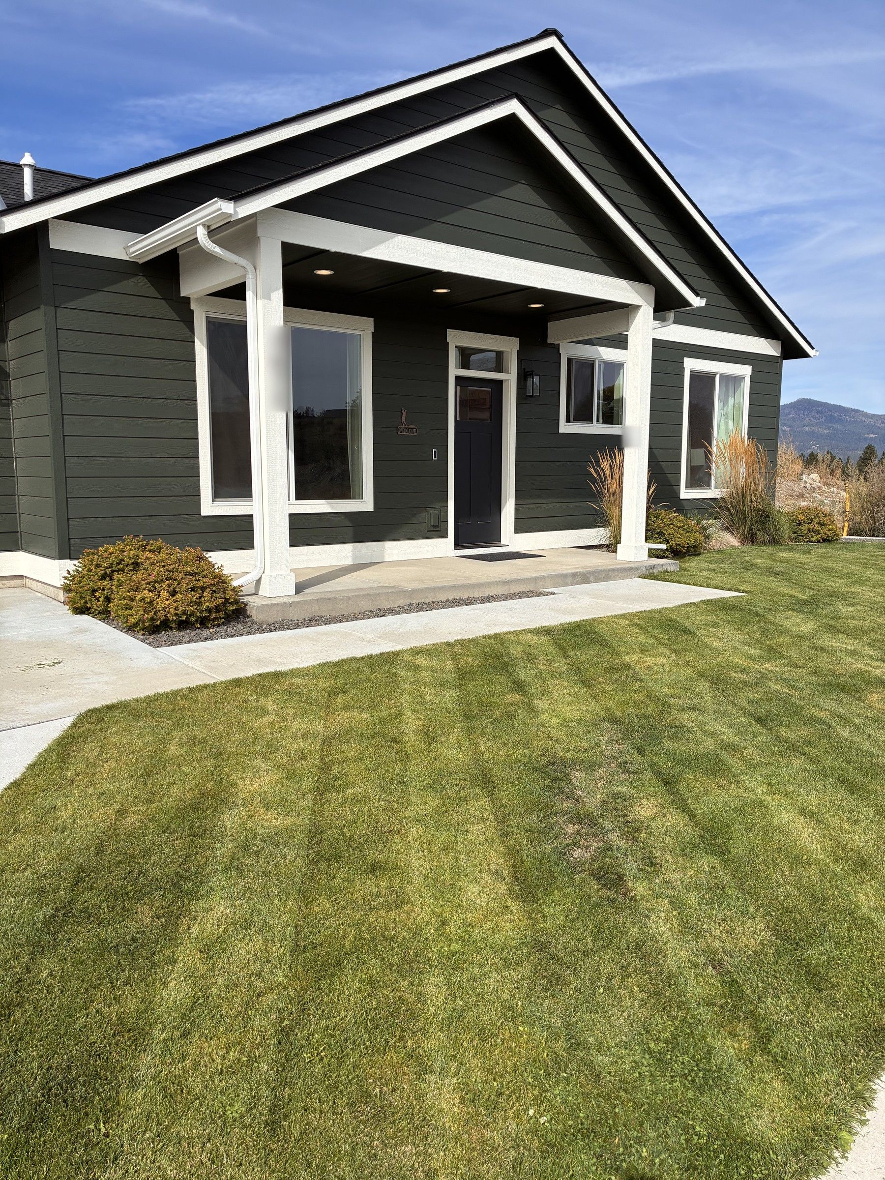 A modern two-story house with a dark exterior, white trim, and a well-maintained lawn.