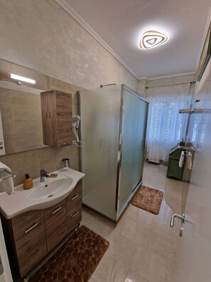 Shower, hair dryer, bidet, towels