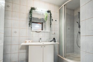 Hair dryer, towels, soap, toilet paper