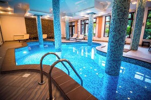 Indoor pool, open 8:00 AM to 8:00 PM, sun loungers
