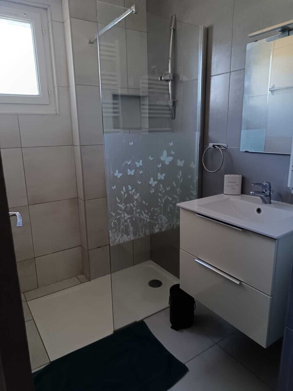 Shower, towels, toilet paper