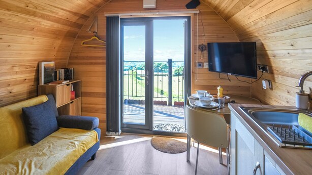 A cozy cabin with a wooden interior, a sofa, a dining table, a TV mounted on the wall, and a large sliding glass door leading to an outdoor area.
