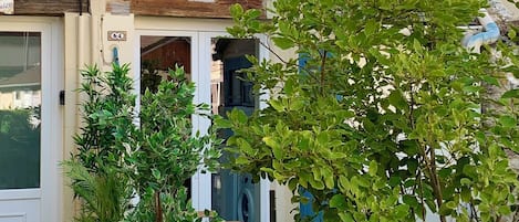 Un edificio a due piani con facciata in pietra, persiane di legno e un piccolo giardino con piante in vaso e un tavolo in legno.