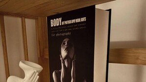 A wooden shelf with a book titled 'BODY ART PHOTOGRAPHY APHY HIGHLIGHTS' and two white ceramic sculptures. - The Cozy Home (Nha Trang)