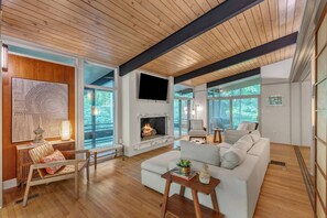 TV, fireplace - Chic Asian-Mid Century Home (Chapel Hill)