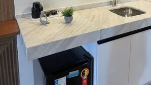 A kitchen with a white countertop, a sink, a coffee maker, and a potted plant. - Hotel Boutique Gran Paradiso Resort (Campos do Jordão)