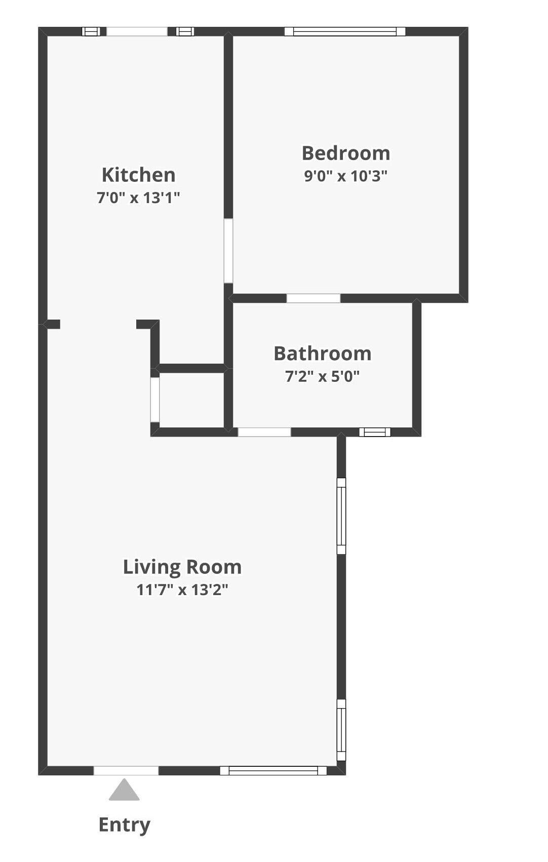 Grundriss mit Küche (2,13 m x 3,99 m), Schlafzimmer (2,74 m x 3,12 m), Badezimmer (2,18 m x 1,52 m) und Wohnzimmer (3,53 m x 3,99 m). Eingang befindet sich unten.