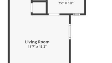 Grundriss mit Küche (2,13 m x 3,99 m), Schlafzimmer (2,74 m x 3,12 m), Badezimmer (2,18 m x 1,52 m) und Wohnzimmer (3,53 m x 3,99 m). Eingang befindet sich unten.