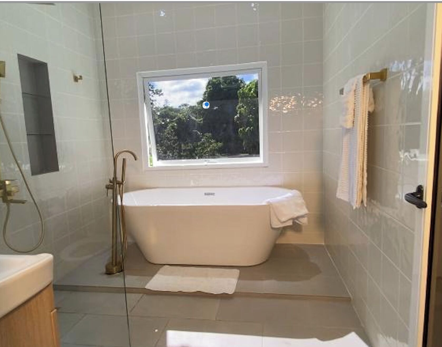 Shower, towels, toilet paper