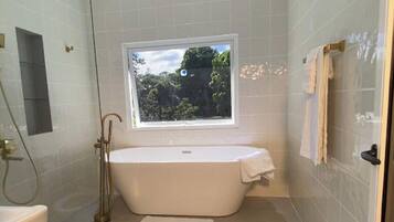 Shower, towels, toilet paper