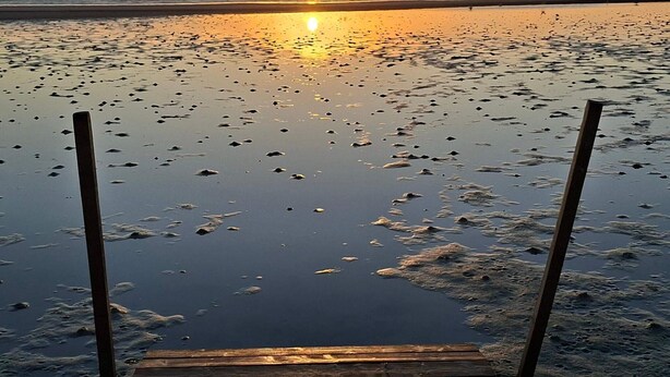 Un muelle de madera se extiende hacia un cuerpo de agua tranquilo con un atardecer de fondo.