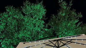 An outdoor patio area with a table and chairs under a large umbrella, surrounded by a wooden fence and a hedge. - QUIET ESCAPE (CHORA MESSINIAS)