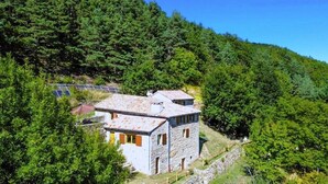 A stone house with a tiled roof surrounded by dense forest.