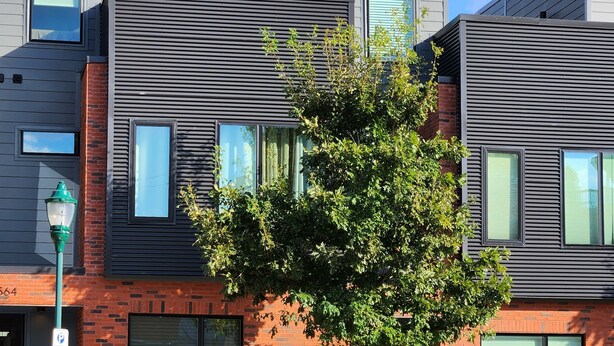 Ein modernes mehrstöckiges Gebäude mit einer Kombination aus Backstein- und Metallverkleidung, großen Fenstern und einem Baum davor.