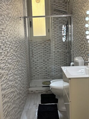 Douche, bidet, serviettes fournies, papier toilette