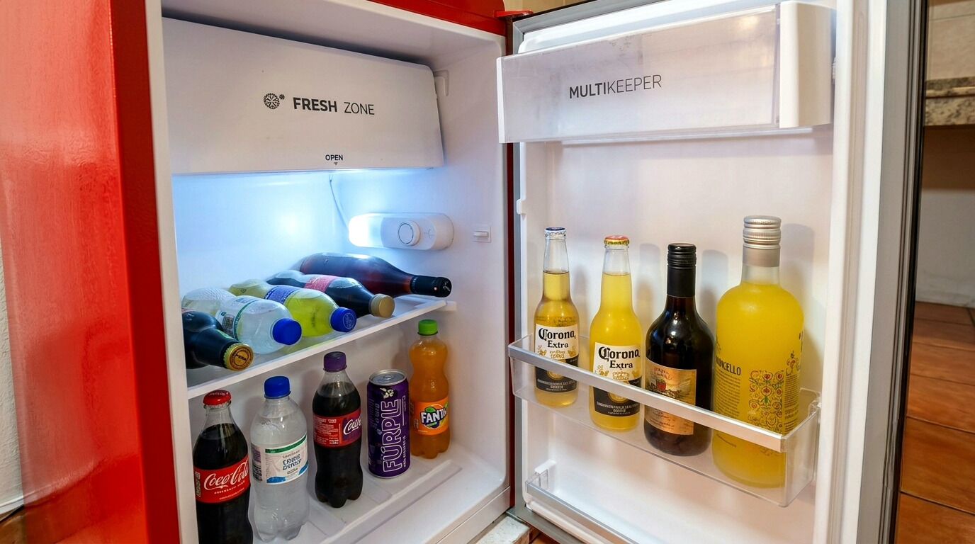 An open refrigerator with a 'FRESH ZONE' and 'MULTIKEEPER' label, containing various beverages and bottles.