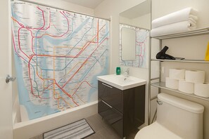 Hair dryer, towels, soap, shampoo