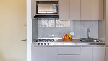 Comfort Apartment, City View | Private kitchen | Fridge, microwave, oven, stovetop