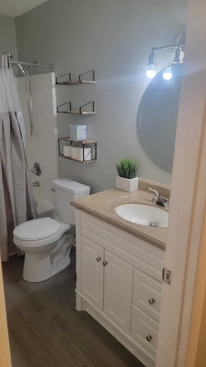 Secadora de cabello, toallas, jabón, papel de baño