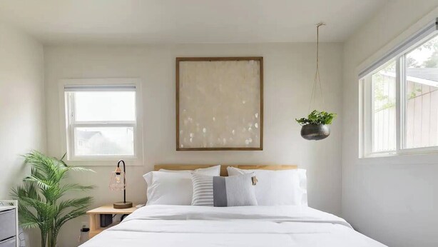 Ein ordentlich eingerichtetes Schlafzimmer mit einem großen Bett, einer hängenden Pflanze und einem Fenster mit Tageslicht.