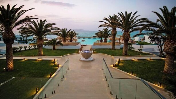 Un camí que condueix a una piscina, amb palmeres i una vista despejada del mar.