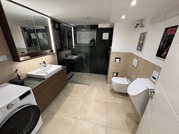 Shower, hair dryer, towels, soap