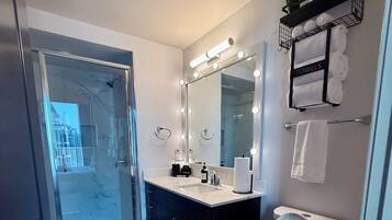 Hair dryer, towels, soap, shampoo