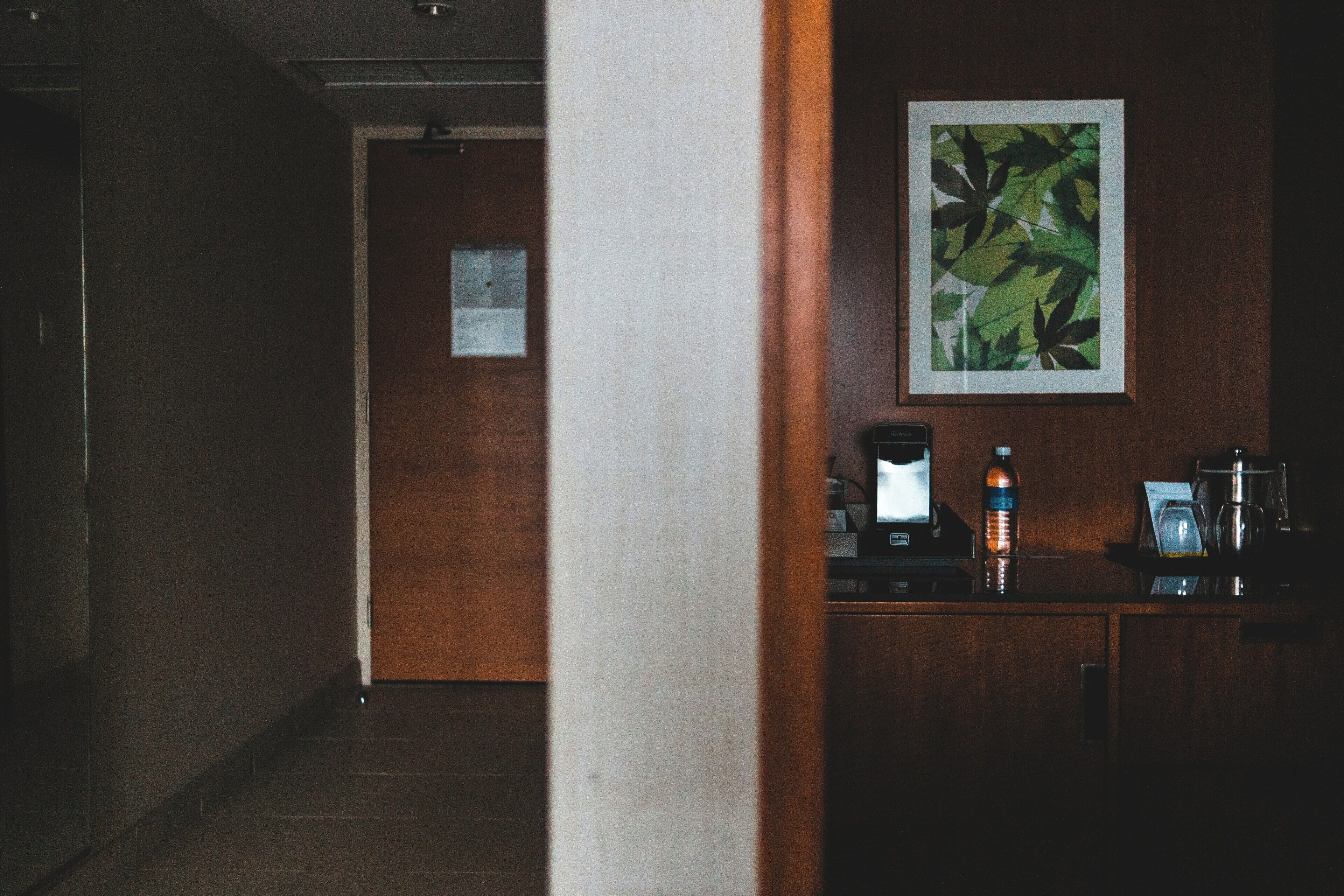 Un pasillo con una puerta de madera, un cuadro en la pared y una cafetera sobre una encimera.