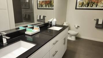 Een bad/douchecombinatie, een regendouche, een haardroger, handdoeken