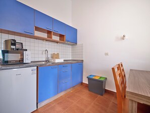 Une cuisine de taille réduite avec des meubles bleus, un four à micro-ondes, une machine à café et une poubelle.